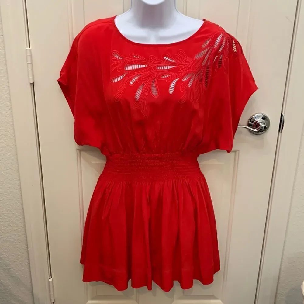 XXI Size Small/ Petite Red Scoop Neck Flutter Sleeves Elastic Waist Embroidered
